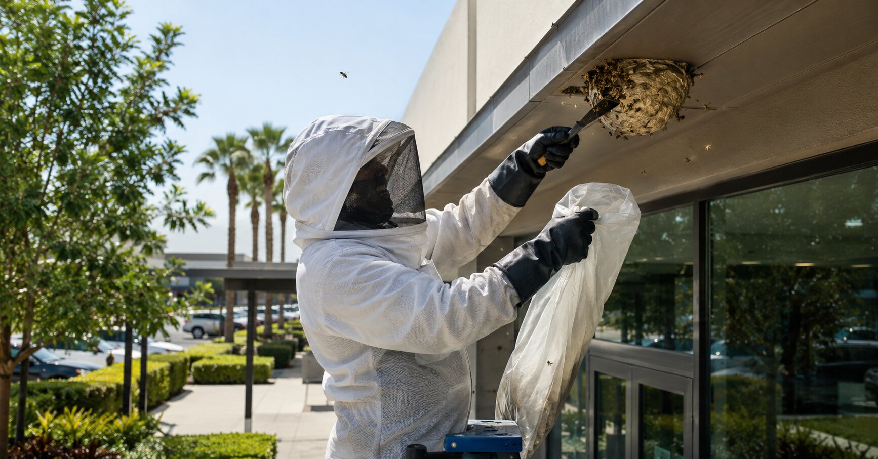 Commercial-bee-removal-technician-inspecting-a-hive-at-an-Orange-County-business-property-website