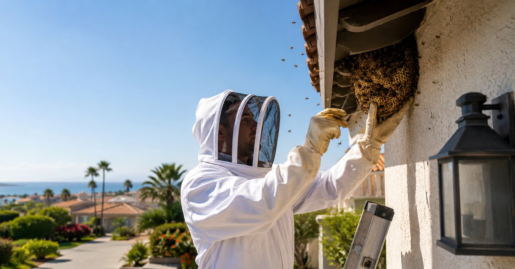 Emergency-bee-removal-technician-inspecting-a-hive-beneath-the-eaves-of-an-Orange-County-home