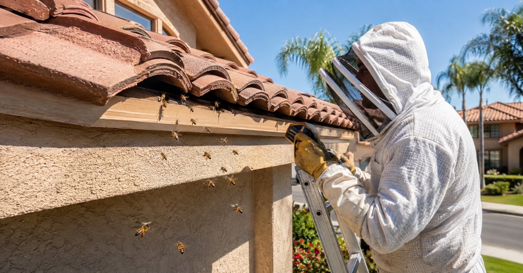 Bee-removal-technician-inspecting-honeybees-entering-beneath-roof-tiles-at-an-Orange-County-home