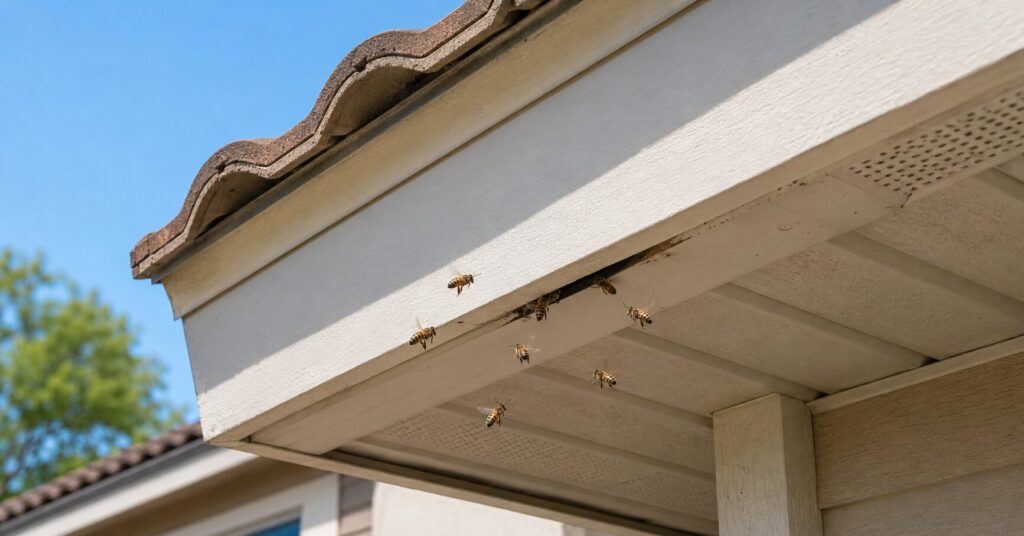 Honeybees-entering-a-small-gap-in-the-eaves-and-soffit-of-an-Orange-County-home