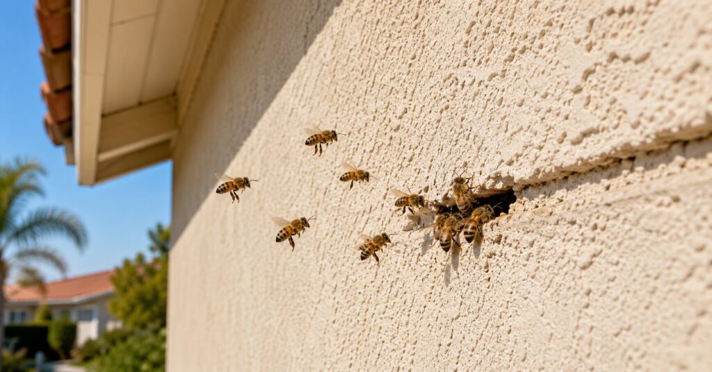 Honeybees-entering-a-small-opening-in-the-exterior-wall-of-a-home