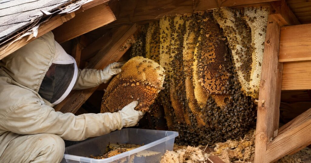 Large-honeybee-colony-and-honeycomb-discovered-inside-an-attic-during-professional-bee-removal