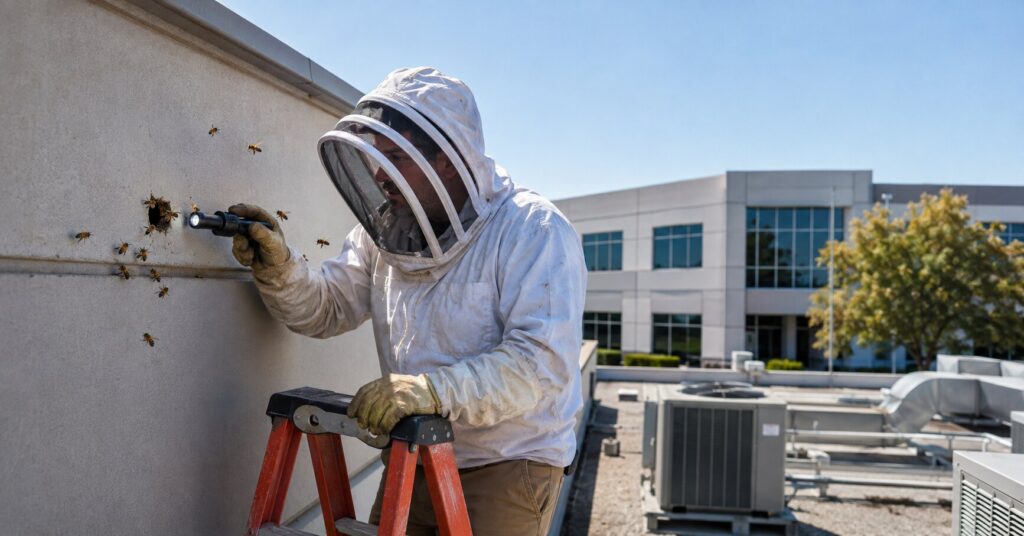 Technician-inspecting-bee-activity-along-the-roofline-of-an-Orange-County-commercial-property