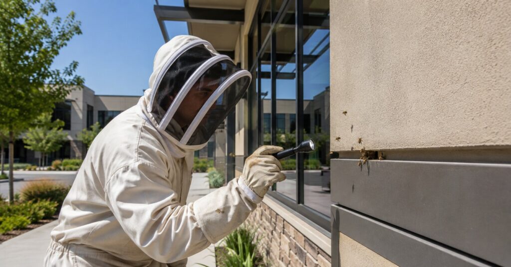 Technician-inspecting-bees-inside-the-wall-of-an-Orange-County-commercial-property
