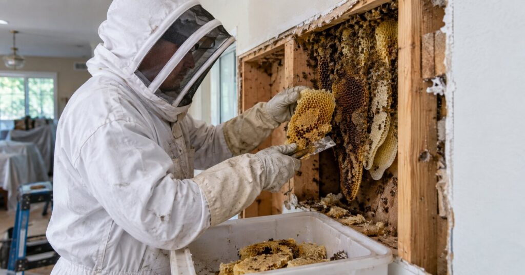 Technician-removing-honeycomb-during-structural-bee-hive-cleanup-in-Orange-County