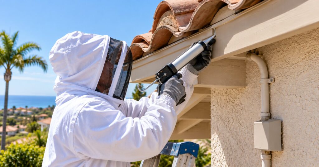 Technician-sealing-a-bee-entry-point-during-bee-exclusion-work-in-Orange-County