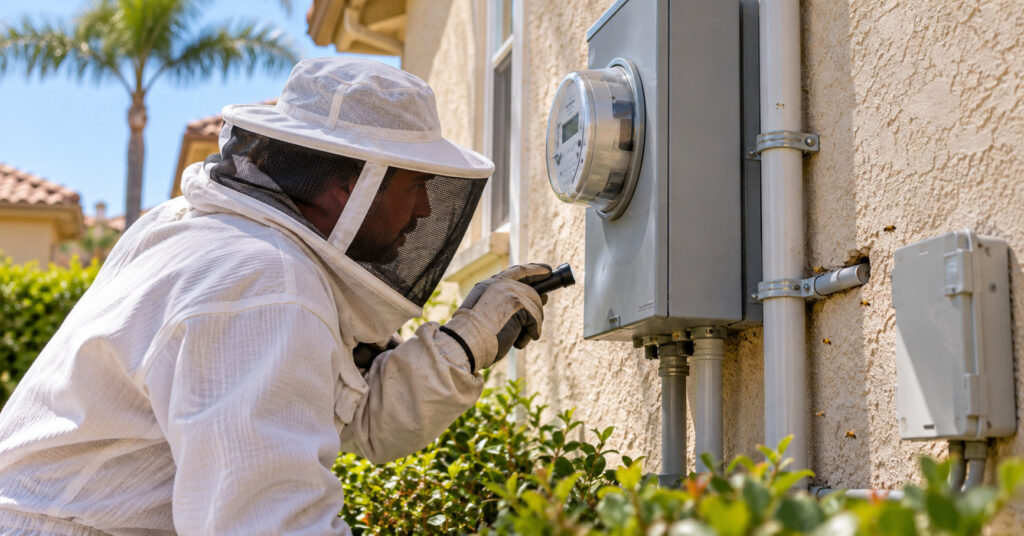 Bee-removal-technician-inspecting-an-electrical-box-and-conduit-for-bee-activity