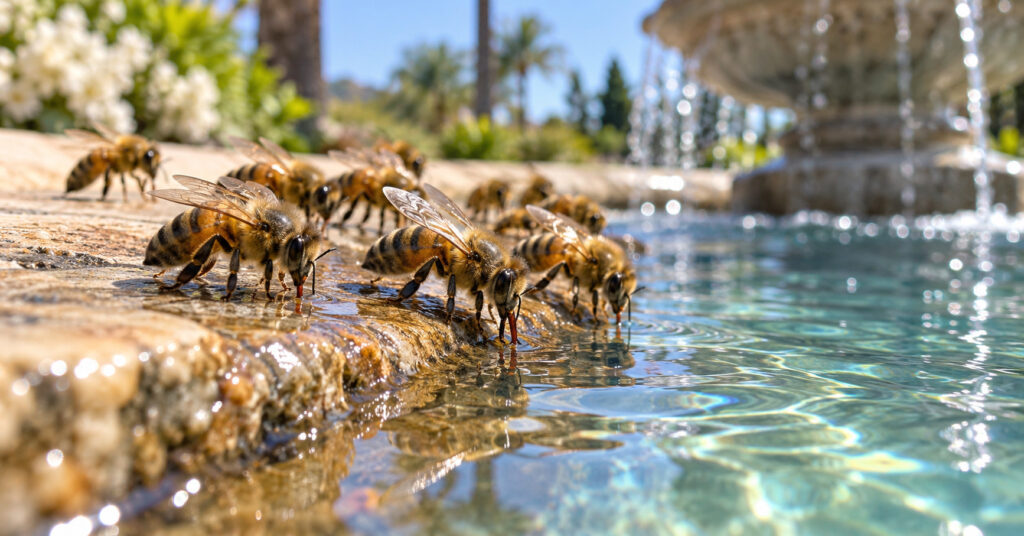 Honeybees-drinking-from-an-outdoor-water-source-near-a-swimming-pool