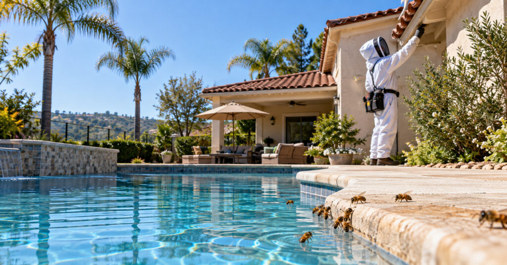 Technician-inspecting-a-roof-near-a-swimming-pool-for-possible-bee-hive-activity