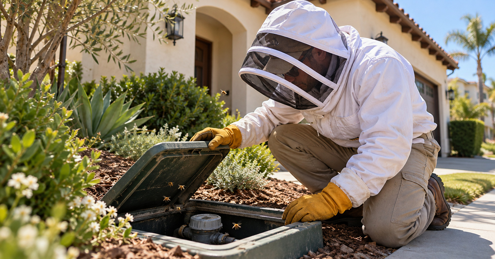 Technician-inspecting-a-water-meter-box-for-bee-activity-at-an-Orange-County-home
